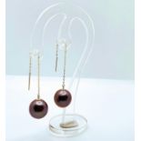 Teardrop earrings in sterling yellow gold with purple cultured pearls