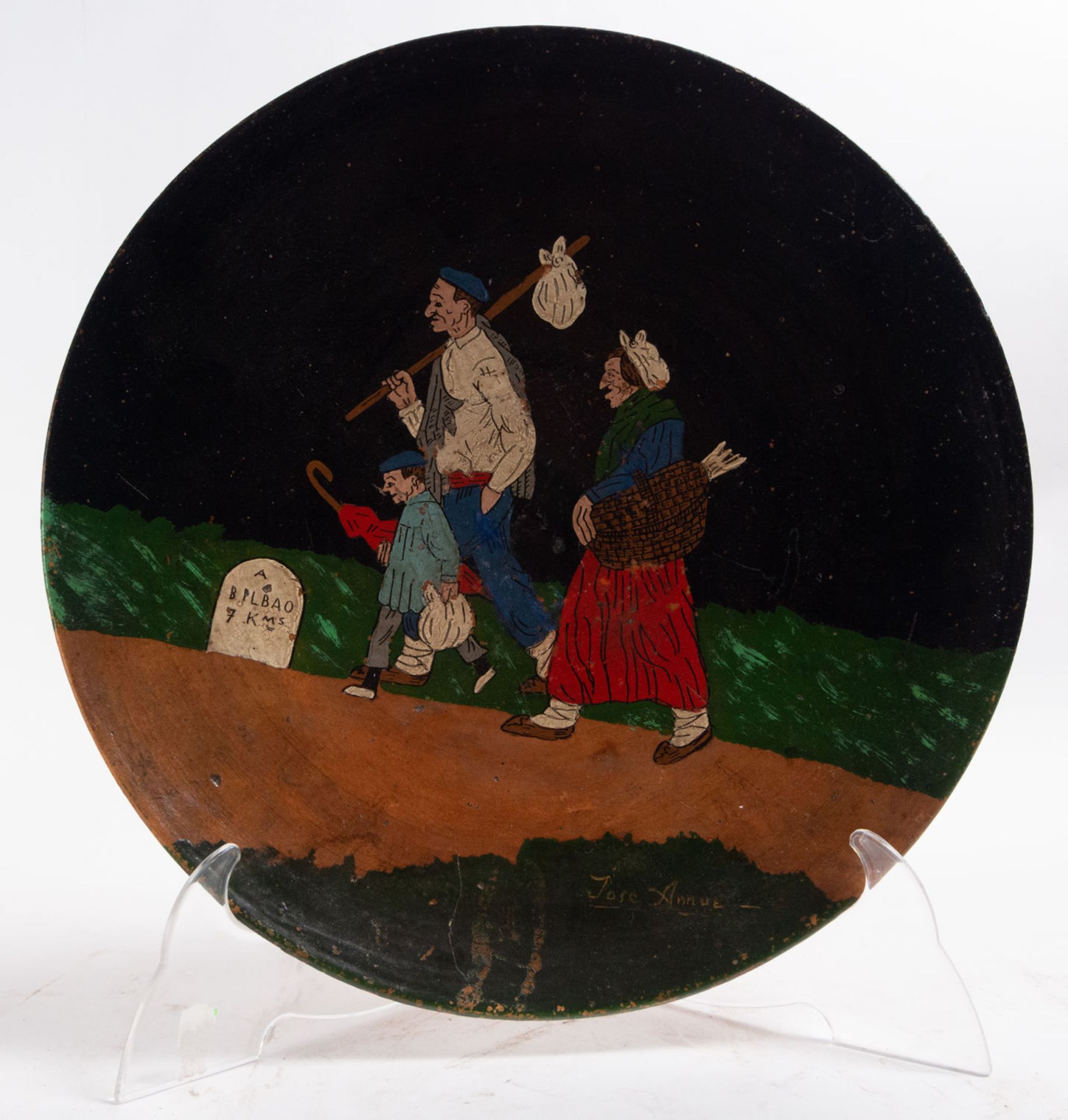 Pair of Plates in Polychrome Earthenware representing Pastoral Scenes, signed JosŽ Arrue, Basque sch - Image 5 of 7
