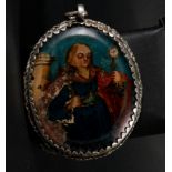 Silver double-sided reliquary medallion with Saint Barbara and Saint Isidro painted on glass, 18th c