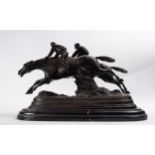 Jockeys on Horseback, sculptural group in Patinated Bronze, 20th century