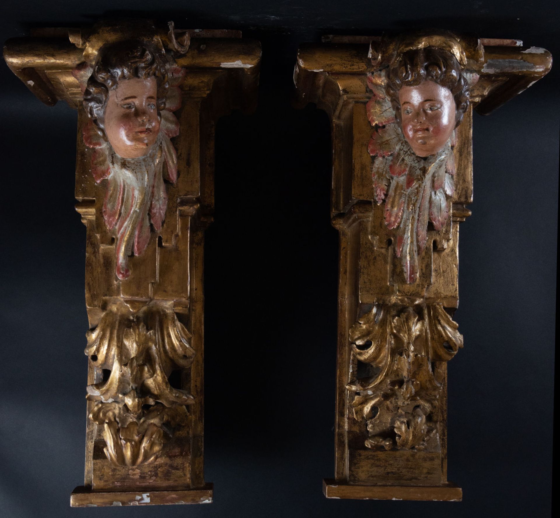 Pair of Important Corbels or Wall Supports of Cherubs, Spain, 17th century