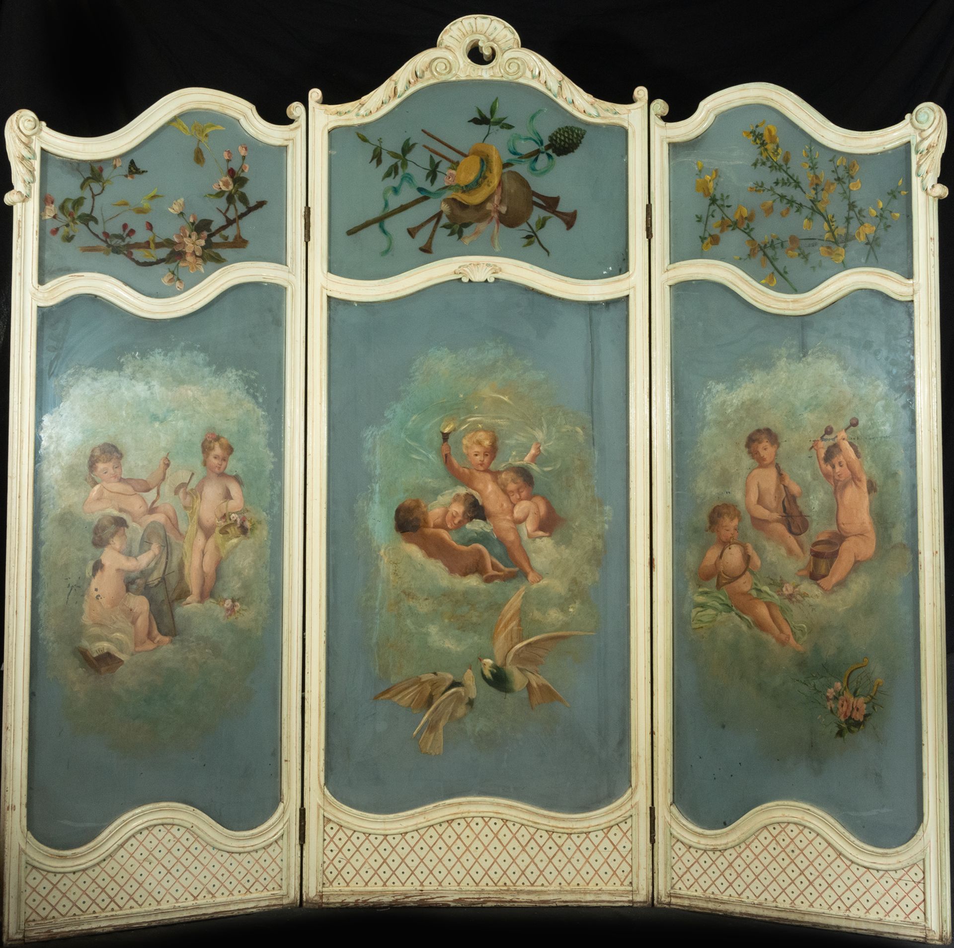 French Screen in Wood and Painted Glass in Napoleon III style, France, 19th century