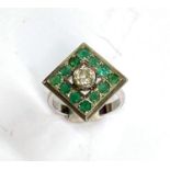 Art Deco Ring in Sterling White Gold, Central Brilliant Cut Diamond and Emeralds