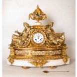 Large three-piece Garniture clock with pair of cherub candlesticks in Marble and gilt bronze, France