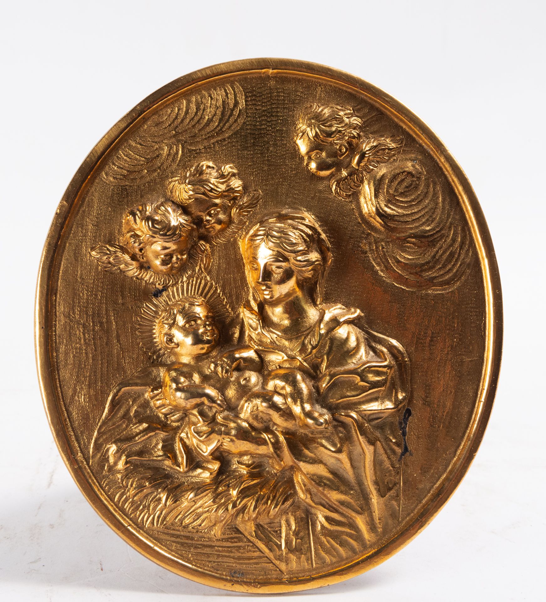 Gilded Embossed Bronze Oval Mercury representing Madonna with Child, Italian school of the 18th cent