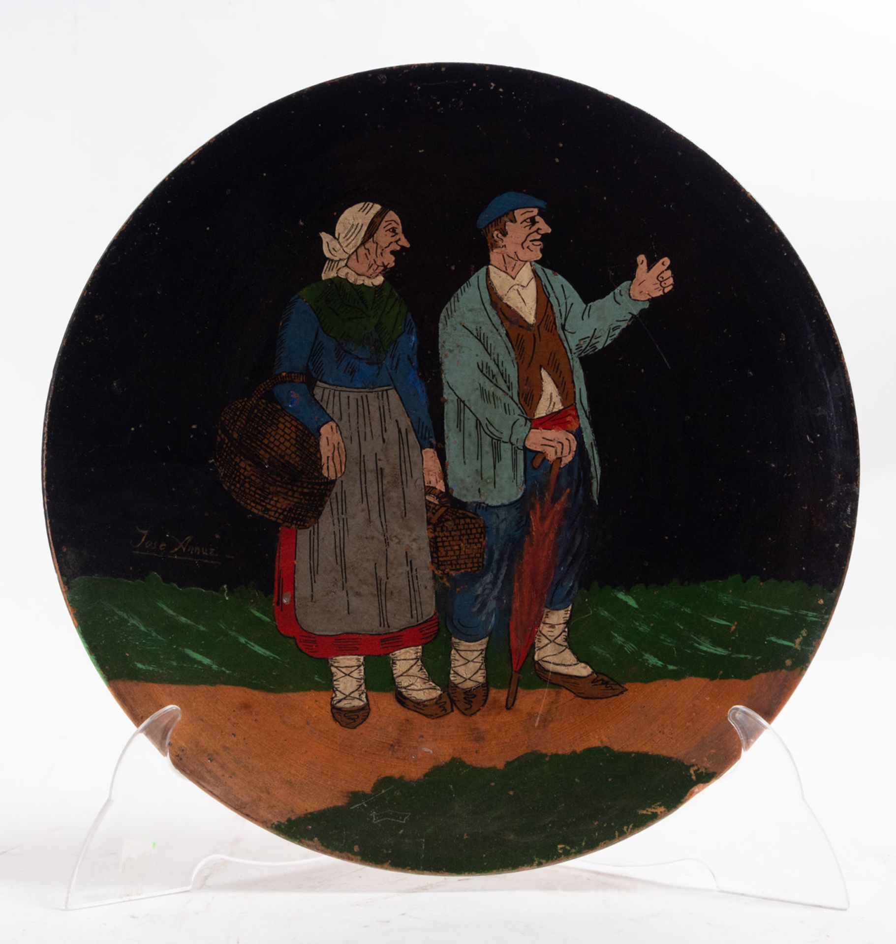 Pair of Plates in Polychrome Earthenware representing Pastoral Scenes, signed JosŽ Arrue, Basque sch - Image 3 of 7