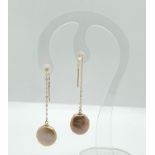 Teardrop earrings in sterling yellow gold with coin-type brown cultured pearls