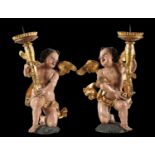 Pair of Important Italian Torcheres of Angels in polychrome and gilt wood, 17th century