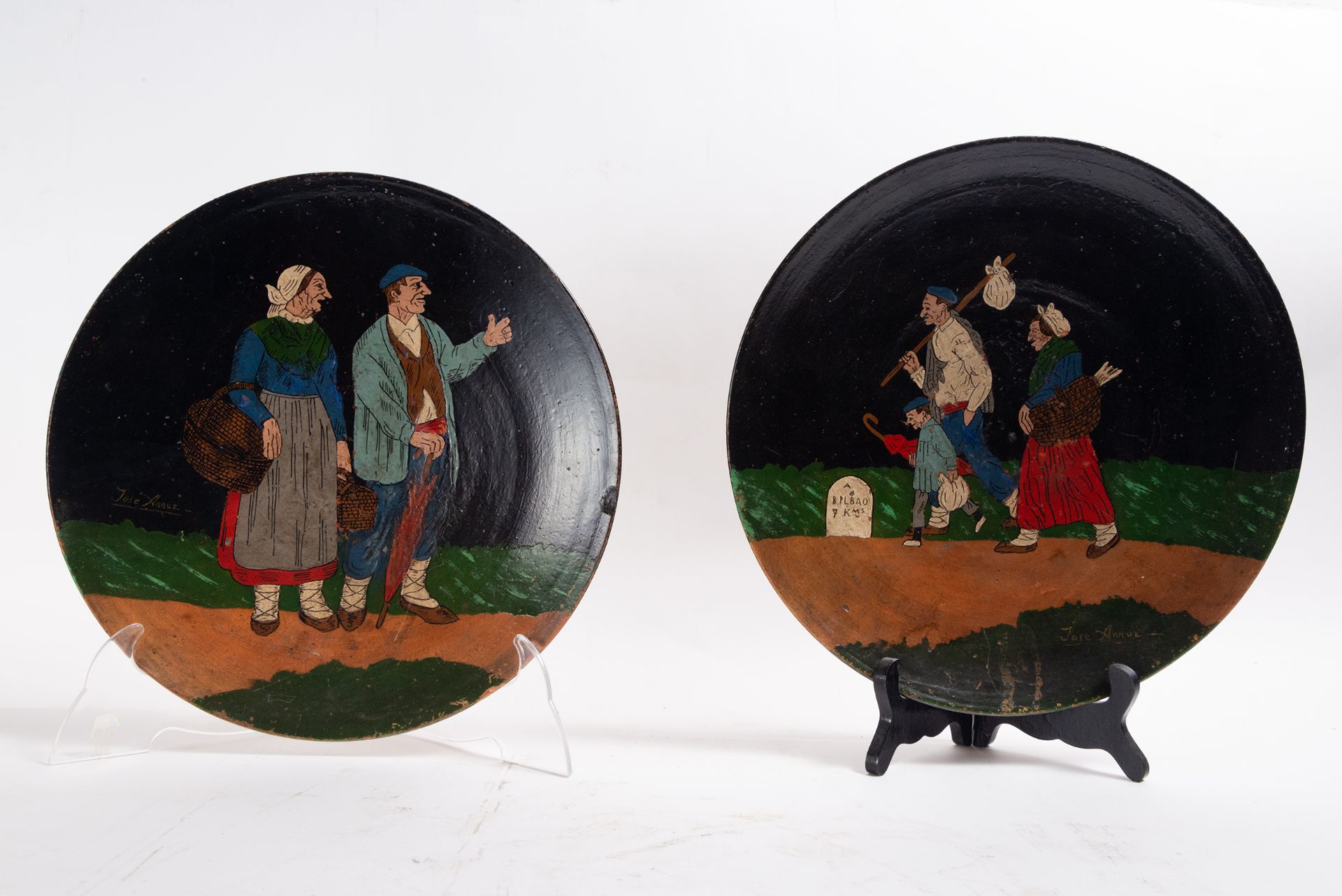 Pair of Plates in Polychrome Earthenware representing Pastoral Scenes, signed JosŽ Arrue, Basque sch