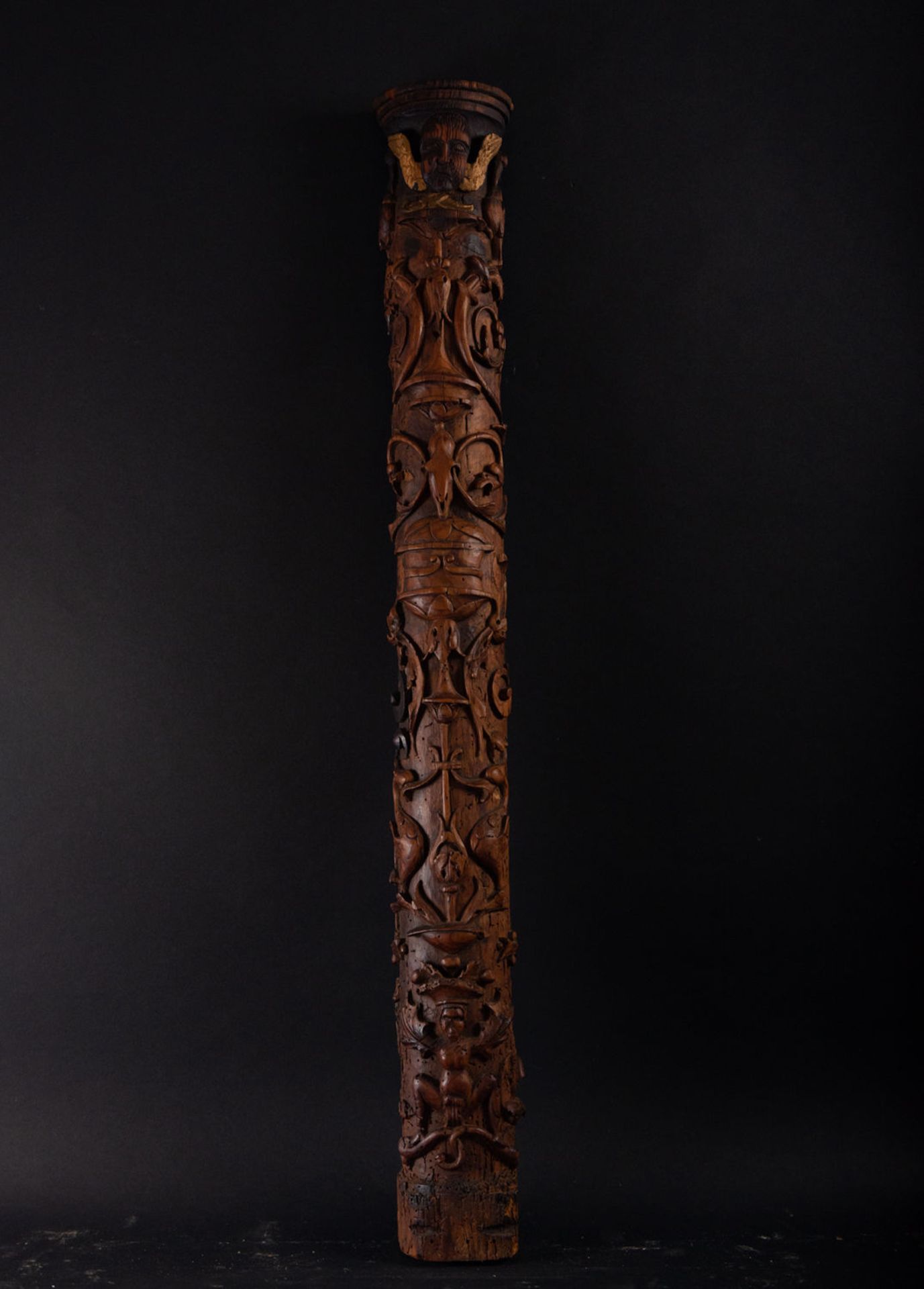 Plateresque column or Pilaster in pinewood, Spanish Renaissance work from the 16th century