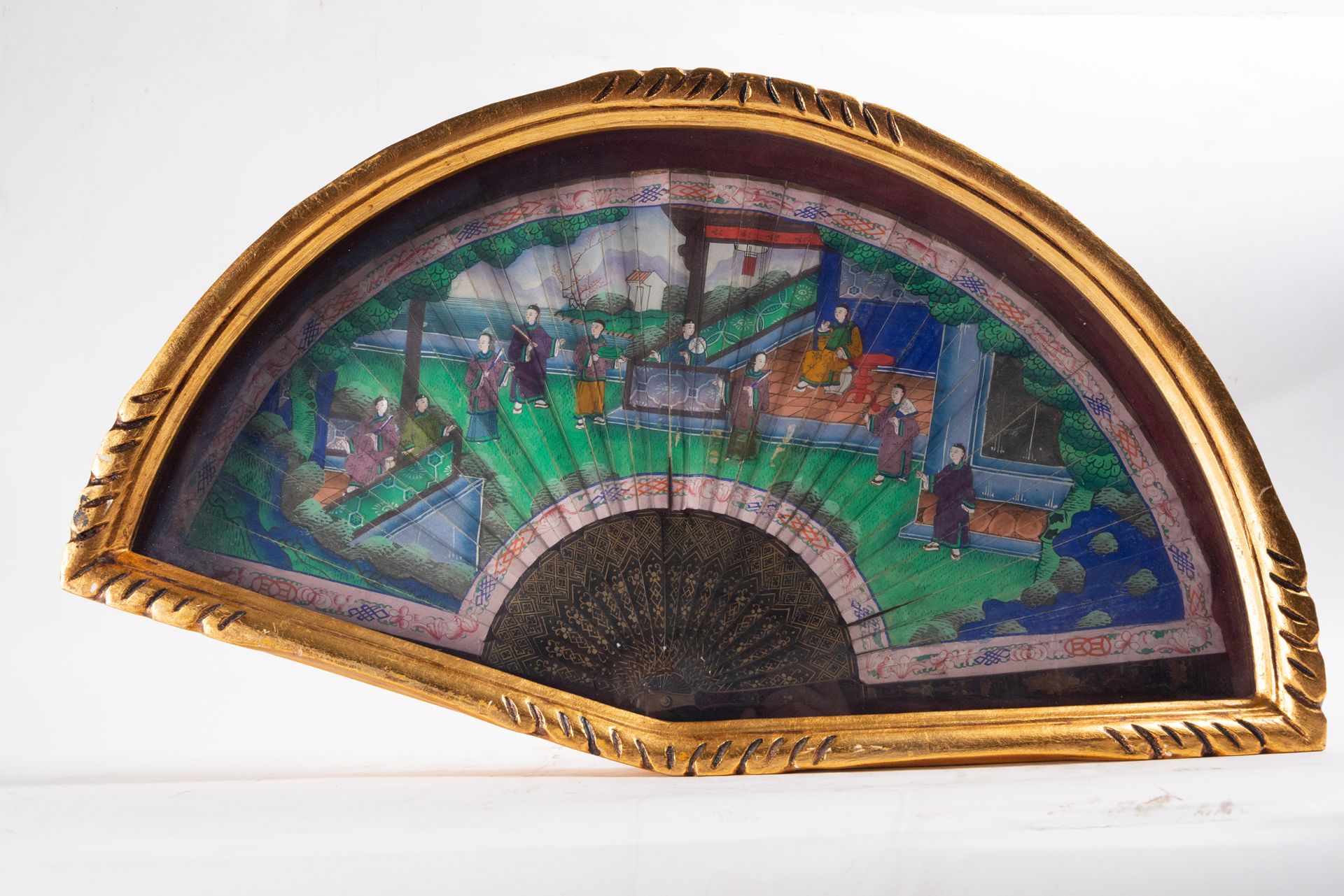 Chinese hand-painted fan depicting a court scene, 19th century