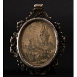 Silver oval reliquary with Virgin appearing to San Isidro, 17th century