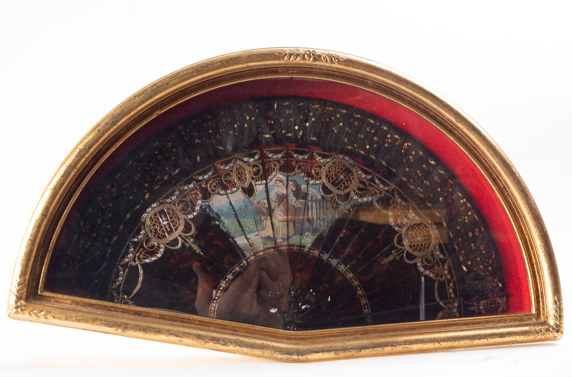Fan in Tortoiseshell and Gold and Silver filigree depicting a Gallant Scene, 19th century