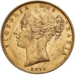 1873 Gold Sovereign Shield About extremely fine, reverse edge knocks (AGW=0.2355 oz.)