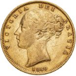 1849 Gold Sovereign About fine, reverse edge knock (AGW=0.2355 oz.)