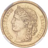 Switzerland 1883 Gold 20 Francs NGC UNC Details #2126812-041 (AGW=0.1867 oz.)