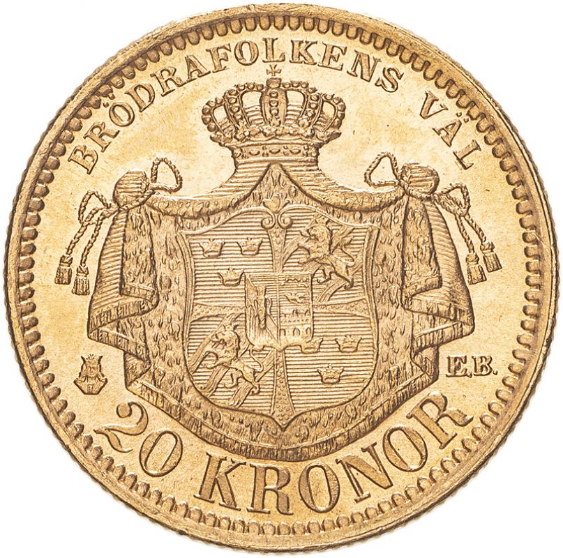 Sweden Oscar II 1886 EB Gold 20 Kronor Extremely fine (AGW=0.2593 oz.) - Image 2 of 2