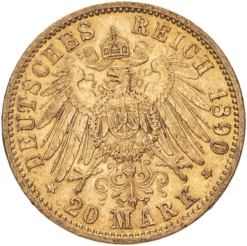 Germany: Prussia Wilhelm II 1890 A Gold 20 Mark Good very fine (AGW=0.2305 oz.) - Image 2 of 2