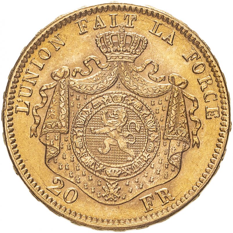 Belgium Leopold II 1871 Gold 20 Francs Good extremely fine (AGW=0.1867 oz.) - Image 2 of 2