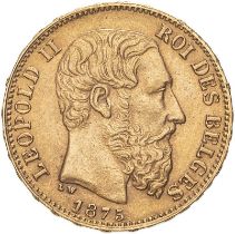 Belgium Leopold II 1875 Gold 20 Francs Extremely fine (AGW=0.1867 oz.)