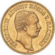 Germany: Saxony Friedrich August III 1905 E Gold 20 Mark Extremely fine (AGW=0.2305 oz.)