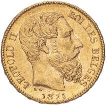 Belgium Leopold II 1874 Gold 20 Francs Extremely fine (AGW=0.1867 oz.)