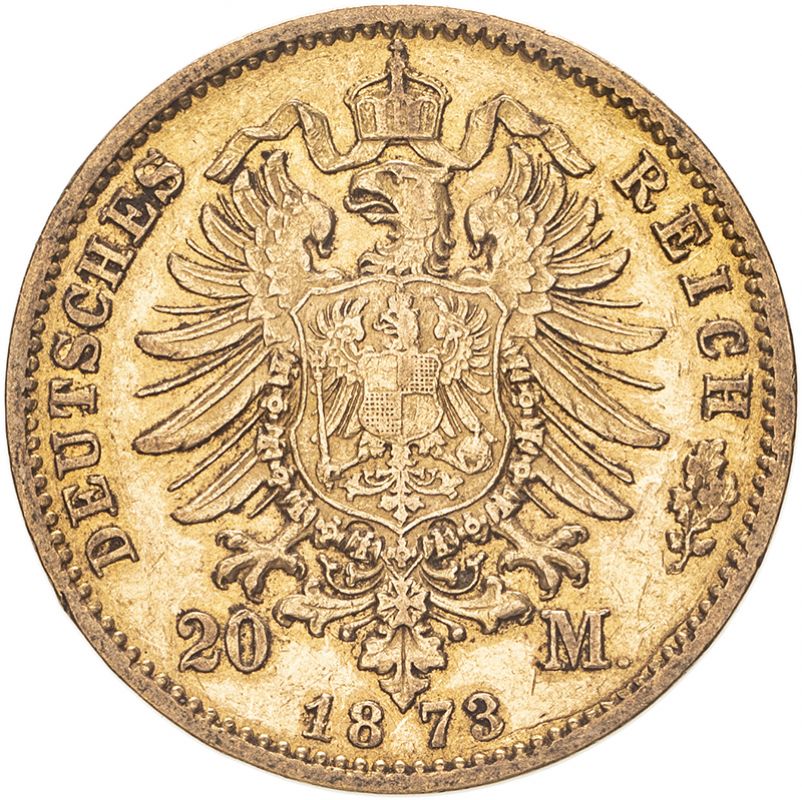 Germany: Prussia Wilhelm I 1873 B Gold 20 Mark Good extremely fine (AGW=0.2305 oz.) - Image 2 of 2