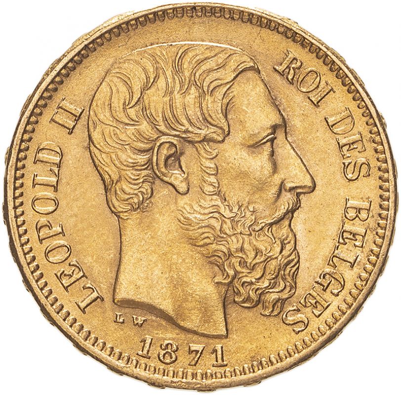 Belgium Leopold II 1871 Gold 20 Francs Good extremely fine (AGW=0.1867 oz.)