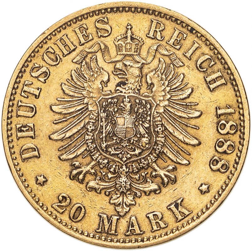 Germany: Prussia Friedrich III 1888 A Gold 20 Mark Good very fine, wiped (AGW=0.2305 oz.) - Image 2 of 2