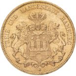 Germany: Hamburg Hanseatic city 1913 J Gold 20 Mark Extremely fine, edge knock (AGW=0.2305 oz.)