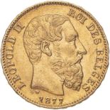 Belgium Leopold II 1877 Gold 20 Francs Extremely fine (AGW=0.1867 oz.)