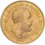Sweden Oscar II 1874 ST Gold 20 Kronor Extremely fine (AGW=0.2593 oz.)