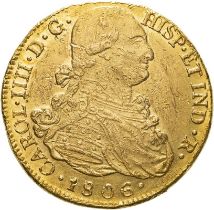 Colombia Charles IV 1806 P-JF Gold 8 Escudos About extremely fine (AGW=0.7616 oz.)