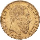 Belgium Leopold II 1876 Gold 20 Francs Extremely fine (AGW=0.1867 oz.)