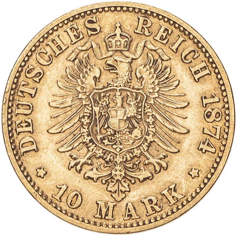 Germany: Prussia 1874 C Gold 10 Mark Wilhelm I Very fine (AGW=0.1152 oz.) - Image 2 of 2