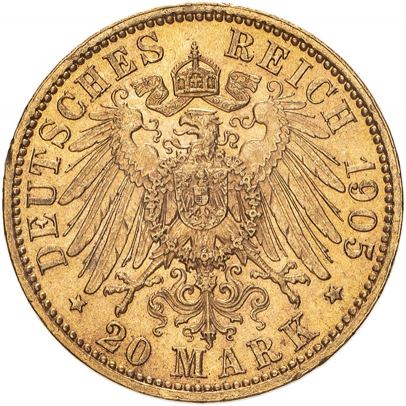 Germany: Saxony Friedrich August III 1905 E Gold 20 Mark Extremely fine (AGW=0.2305 oz.) - Image 2 of 2