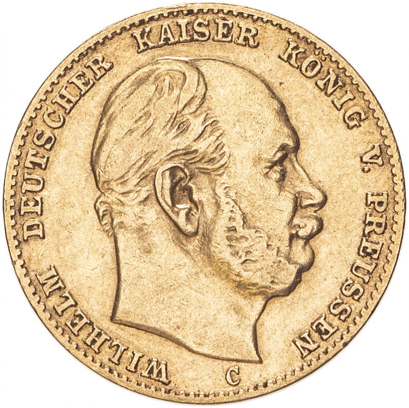 Germany: Prussia 1874 C Gold 10 Mark Wilhelm I Very fine (AGW=0.1152 oz.)