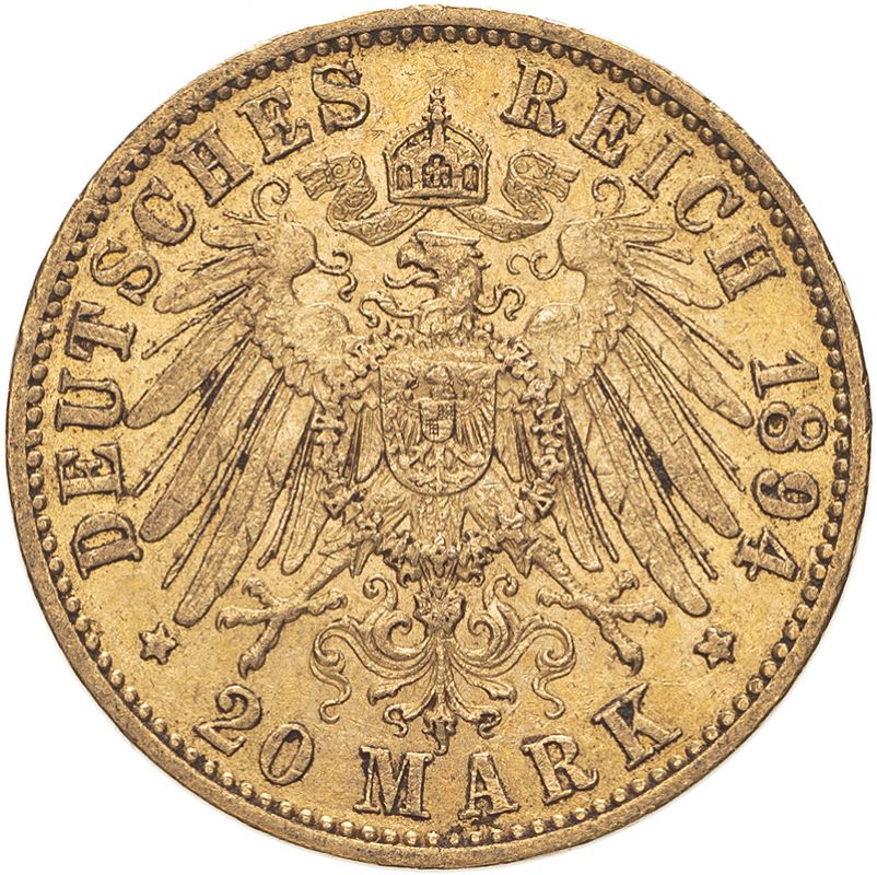 Germany: Prussia Wilhelm II 1894 A Gold 20 Mark Good very fine (AGW=0.2305 oz.) - Image 2 of 2