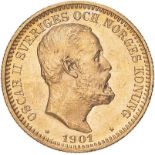 Sweden Oscar II 1901 EB Gold 20 Kronor Extremely fine (AGW=0.2593 oz.)