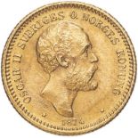 Sweden Oscar II 1874 ST Gold 10 Kronor Extremely fine (AGW=0.1297 oz.)