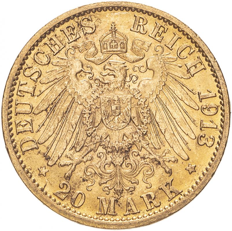 Germany: Prussia Wilhelm II 1913 A Gold 20 Mark Extremely fine (AGW=0.2305 oz.) - Image 2 of 2