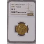 1854 Gold Sovereign WW incuse NGC AU 58 #6055808-026 (AGW=0.2355 oz.)