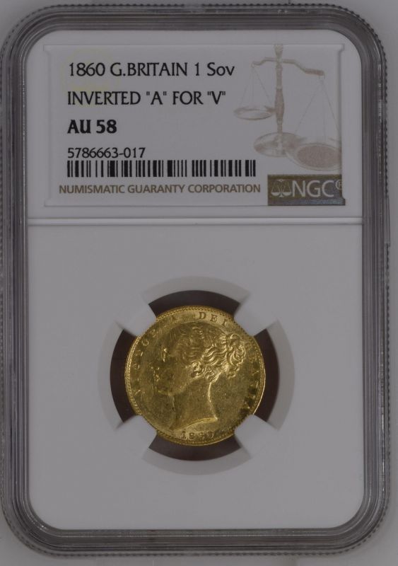 1860 Gold Sovereign Inverted A for V NGC AU 58 #5786663-017 (AGW=0.2355 oz.) - Image 3 of 4