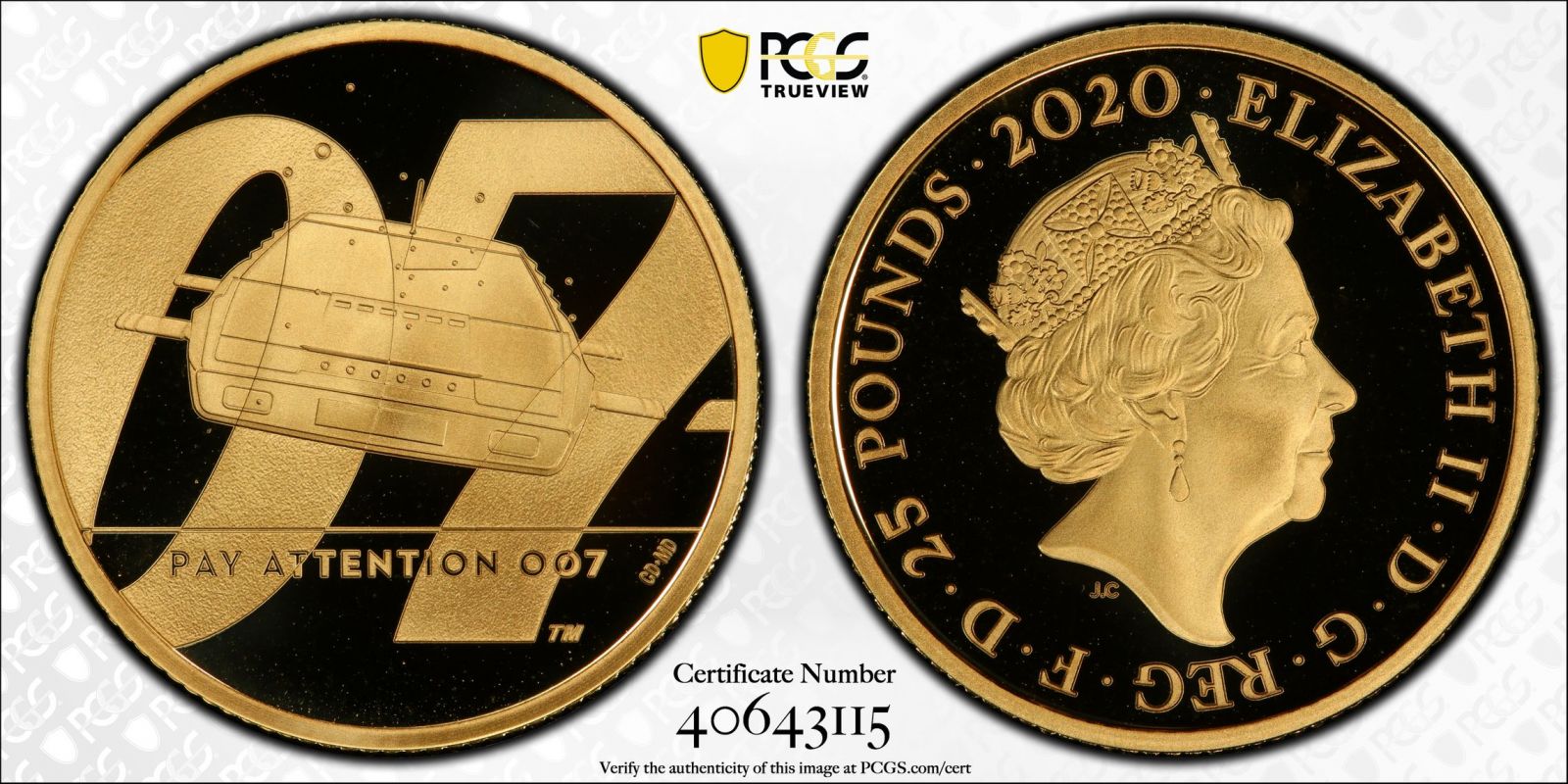 2020 Gold 25 Pounds James Bond, Pay Attention (1/4 oz.) Proof PCGS PR70 DCAM #40643115 Box & COA