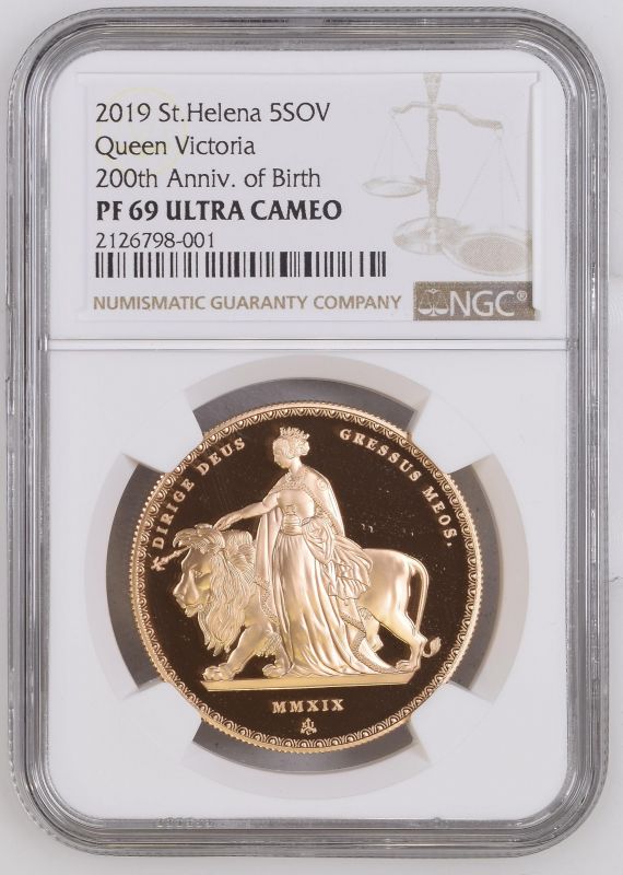 St. Helena 2019 Gold 5 Pounds Una & the Lion Proof NGC PF 69 ULTRA CAMEO #2126798-001 (AGW=1.1773 oz - Image 3 of 4