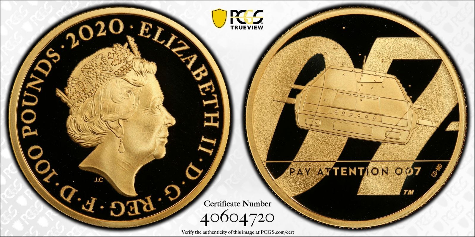 2020 Gold 100 Pounds James Bond, Pay Attention (1 oz.) Proof PCGS PR70 DCAM #40604720 Box & COA