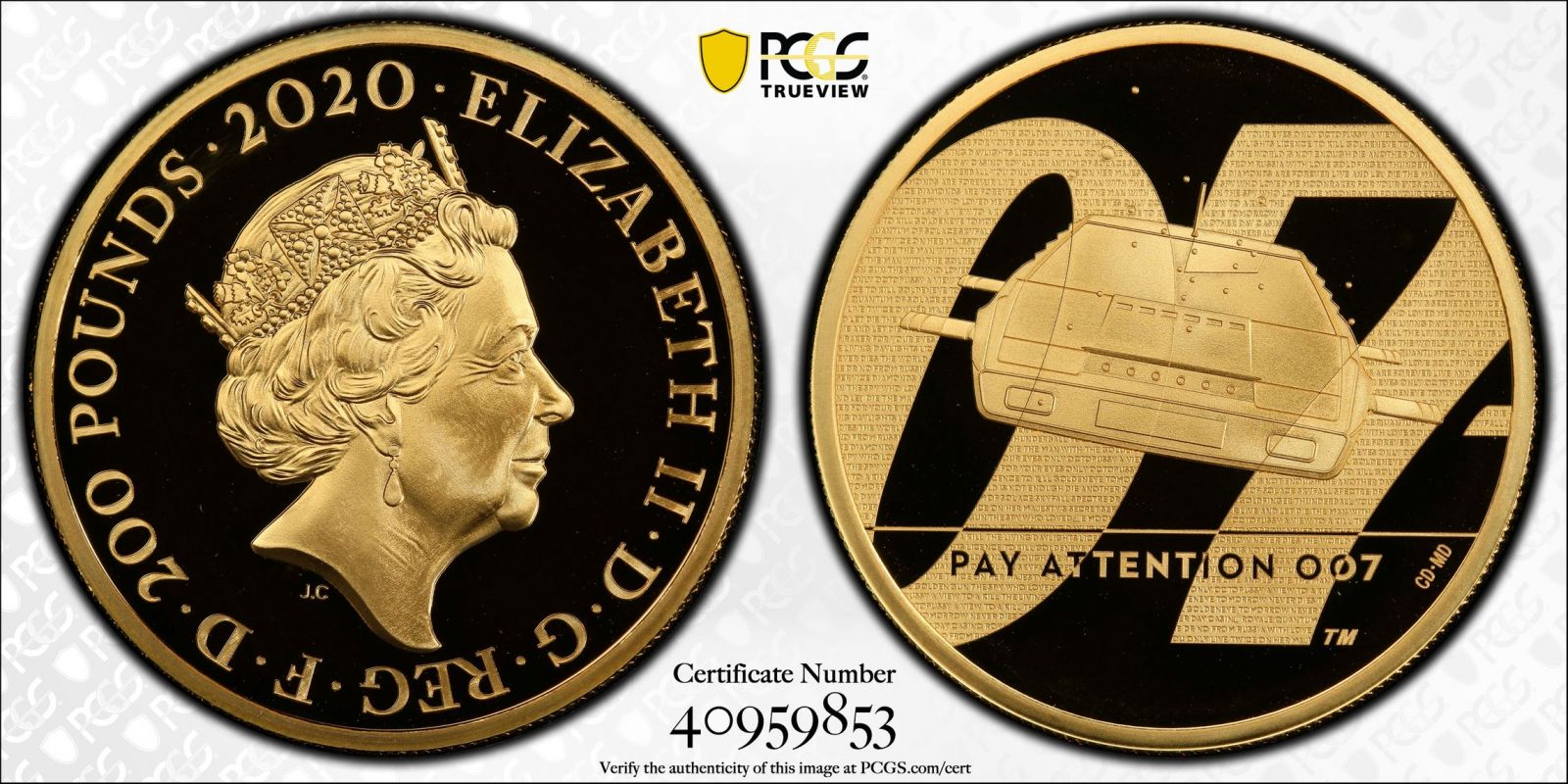 2020 Gold 200 Pounds (2 oz.) James Bond, Pay Attention Proof PCGS PR70 DCAM #40959853 Box & COA