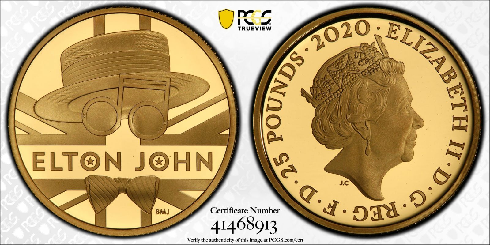 2020 Gold 25 Pounds (1/4 oz.) Music Legends - Elton John Proof PCGS PR69 DCAM #41468913 Box & COA