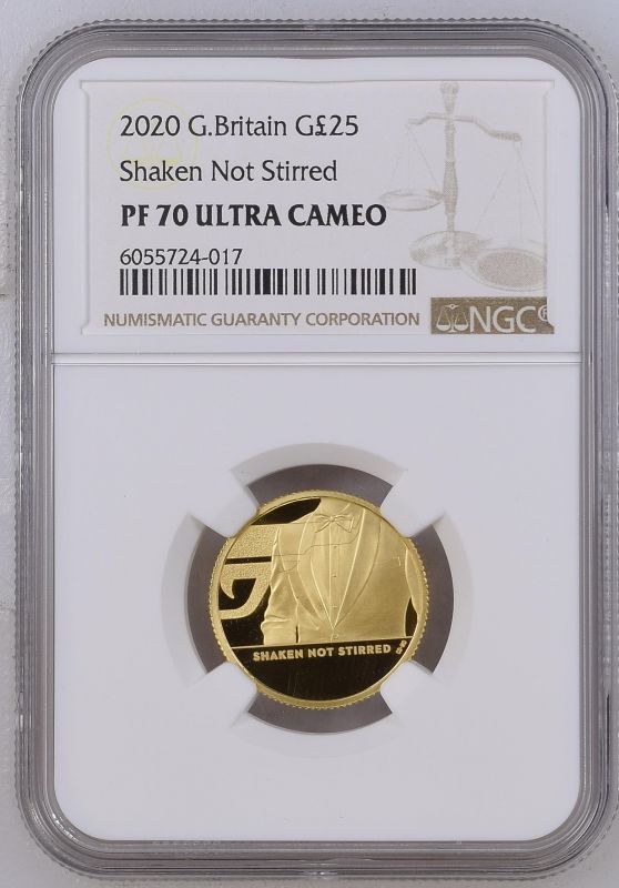 2020 Gold 25 Pounds (1/4 oz.) James Bond, Shaken not Stirred Proof NGC PF 70 ULTRA CAMEO #6055724-01 - Image 3 of 4