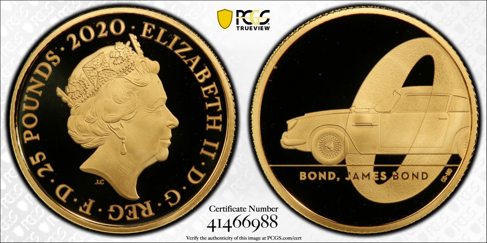 2020 Gold 25 Pounds (1/4 oz.) Bond, James Bond Proof PCGS PR69 DCAM #41466988 Box & COA